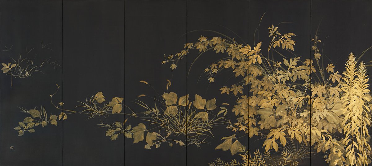 NihonBijutsushi's tweet photo. 川端 龍子　かわばた りゅうし　Kawabata Ryūshi　1885–1966

《草炎》
そうえん

1930（昭和5）年
絹に彩色・屏風6曲1双
東京国立近代美術館 https://t.co/O8tgX8Pr2i