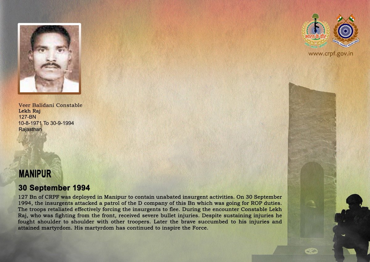 crpfindia's tweet photo. DG and all Ranks of #CRPF pay solemn tribute to Ct/GD Lekh Raj of 127 Bn, who made the supreme sacrifice after being grievously injured in an encounter with insurgents in Manipur on 30 September 1994. #CRPF salutes the braveheart and pledges never to let his sacrifice go in vain.

#LestWeForget 
🇮🇳#Bharat_Ke_Veer🇮🇳