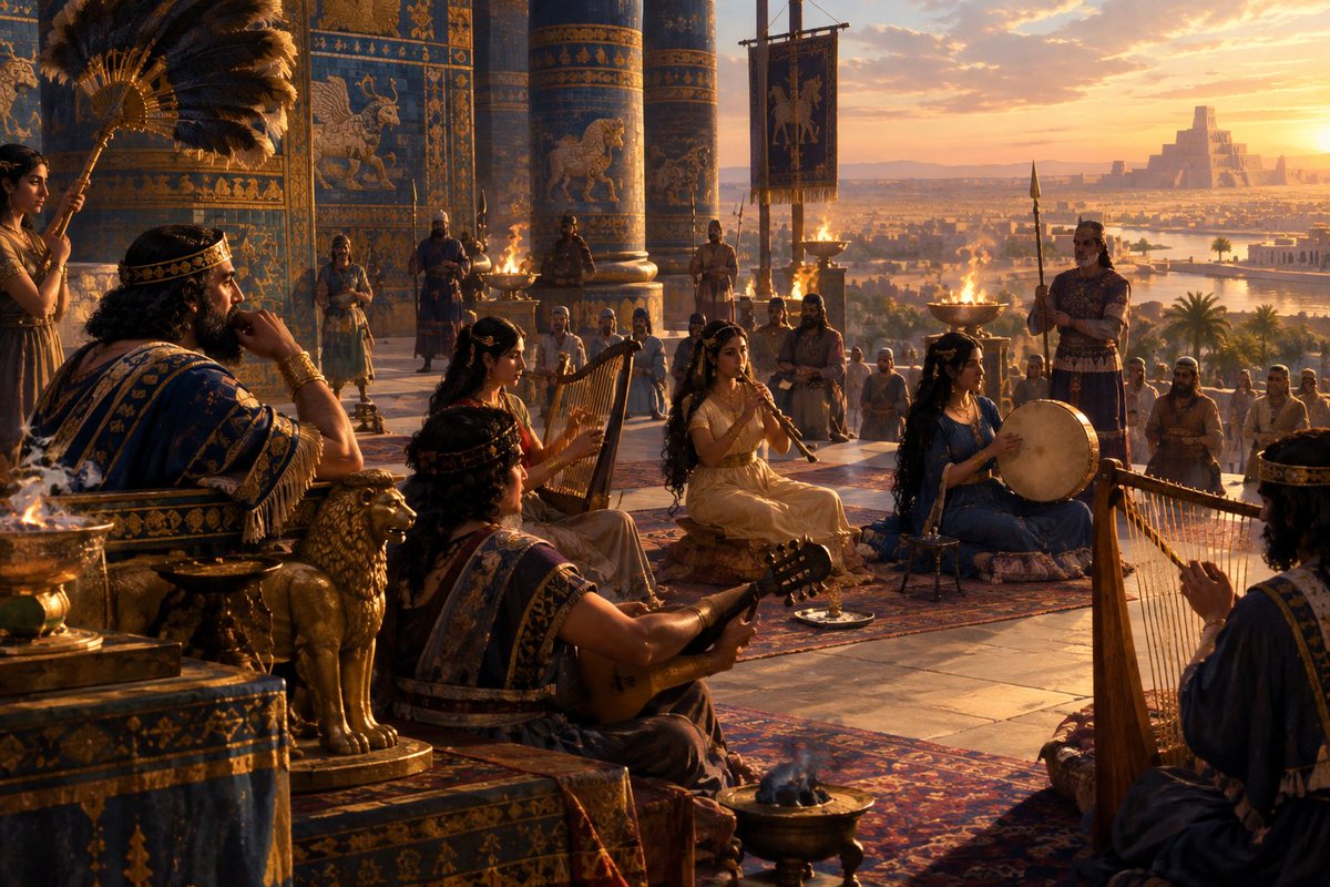 GilgameshIQ's tweet photo. الموسيقى في قصور ملوك العراق القديم 

يسجل المؤرخون اهتمام ملوك بلاد الرافدين قديما بفنون الموسيقى، وقد حظي الموسيقيون بمنزلة مهمة في بلاطهم، حتى إن بعض هؤلاء الموسيقيين كانوا موظفين ذوي مناصب رفيعة، كما يذكر الدكتور الأب "سهيل قاشا" في كتابه (عراق الأوائل: حضارة وادي الرافدين) والصادر في العام 2010، وتحديدًا بقوله: "وصل الأمر ببعض الملوك إلى إنشاء دور للغناء والموسيقى في قصورهم، حيث كانت الموسيقى مصدرا مهما للتسلية لديهم تماما كما كانت في البيوت وفي المعابد، وكانت تعزف في الميادين والساحات العامة. وكان الملوك أنفسهم يتسابقون ويتفاخرون بتعلم الفنون وخاصة الموسيقى، وكان أحدهم وهو ملك "سومر شولكي" (2094-2047) ق. م. ثاني ملوك الدولة السومرية، من سلالة آور الثالثة، عازفا بارعا على عدة آلات موسيقية

Music in the Palaces of the Kings of Ancient Iraq

Historians have recorded the interest of the kings of ancient Mesopotamia in the musical arts. Musicians held an important status in their courts, and some even served as officials in high-ranking positions, as Dr. Father Suhail Qasha mentions in his book Iraq of the Firsts: The Civilization of Mesopotamia, published in 2010.

He writes:

«“Some kings went so far as to establish houses of singing and music within their palaces. Music was an important source of entertainment for them, just as it was in homes and temples, and it was also performed in public squares and open spaces. The kings themselves competed with one another and took pride in learning the arts, especially music. One of them, King Shulgi of Sumer (2094–2047 BCE), the second king of the Third Dynasty of Ur, was a skilled player of several musical instruments.”»