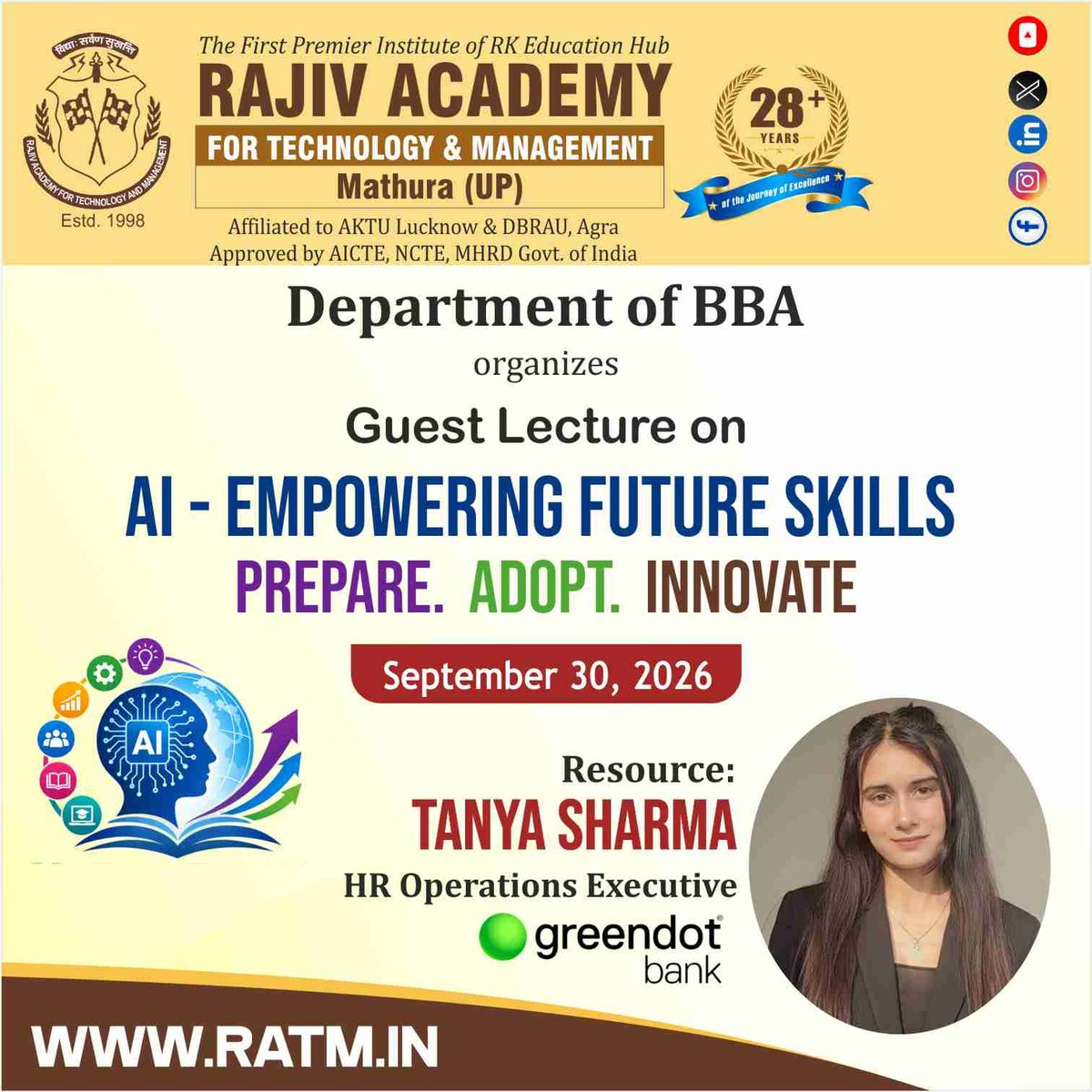 RATM_Mathura's tweet photo. #Guest Lecture #AI-Empowering Future Skills#BBA
#RATM #ACADEMICS #BEST #ACADEMICS
#RATM #Placement #Best #placement
#Rajivacademy #CareerAtRatm
https://t.co/e0VE3He3Im
Call: 9997398811, 9997596633
https://t.co/6znU4zX4dY
https://t.co/owryebkOVk
https://t.co/U8CeW2vI3U https://t.co/8kyiugcWhZ