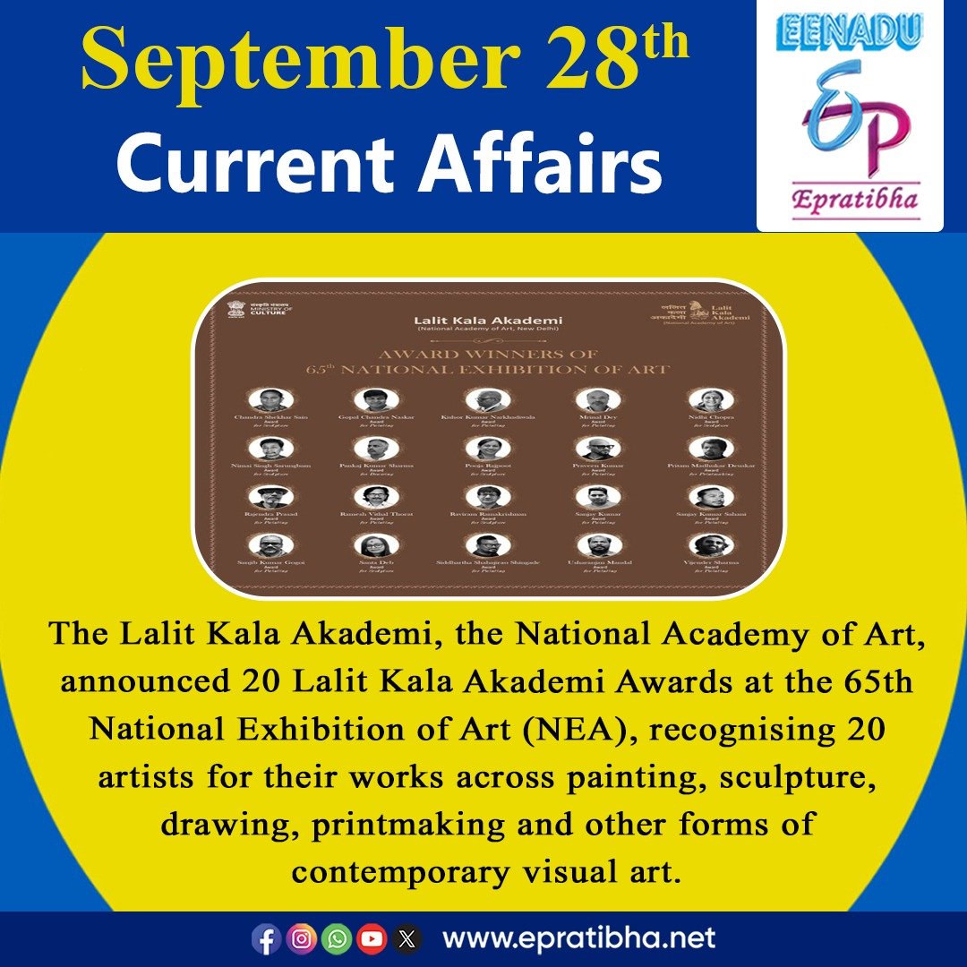 eenaduepratibha's tweet photo. September 28th Current Affairs
visit: https://t.co/E16nW9UMrG                                                         #eshasingh #amitshah #shramsamvad #lalitkalaakademiawards #kazind2026 #pmajay #worldrabiesday #centralgovernmentjobs #appsc #upsc #tspsc #eenadu #epratibha https://t.co/MoiTHRdC8N