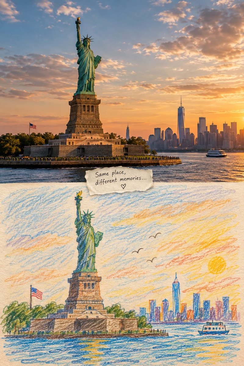 Naiknelofar788's tweet photo. GPT image 2.5 

Prompt:

Create a visually striking split-scene artwork showing [LANDMARK / CITY / COUNTRY] in two artistic worlds.

Top half: a cinematic, photorealistic view of [LANDMARK], captured during a beautiful [morning/golden-hour/evening], with authentic architecture, local people, atmosphere, street details, natural lighting, realistic textures, and strong cinematic depth. Include recognizable cultural details that immediately establish the location.

Bottom half: the exact same scene reimagined as a handmade child’s drawing, created with rough colored pencils, wax crayons, imperfect strokes, scribbled textures, uneven outlines, innocent proportions, visible paper grain, playful colors, and charming imperfections. Keep the important landmarks and visual elements recognizable but make them feel lovingly drawn from memory.

Between the two worlds, place a small torn piece of cream paper with handwritten text: “[SHORT EMOTIONAL PHRASE]”.

The transition should feel like reality turning into a childhood memory. Warm nostalgic atmosphere, tactile paper texture, subtle imperfections, editorial composition, emotionally charming, highly detailed, artistic but believable. No clean digital illustration, no glossy 3D render, no overly polished cartoon.
The strongest visual hook is keeping the same composition in both halves so the viewer immediately recognizes that the crayon drawing is the child’s imaginative/memory version of the real place.