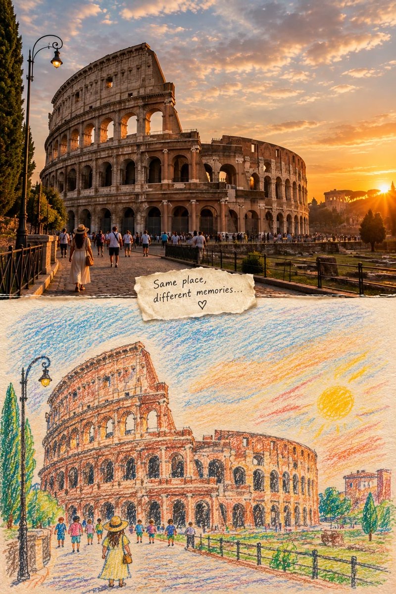 Naiknelofar788's tweet photo. GPT image 2.5 

Prompt:

Create a visually striking split-scene artwork showing [LANDMARK / CITY / COUNTRY] in two artistic worlds.

Top half: a cinematic, photorealistic view of [LANDMARK], captured during a beautiful [morning/golden-hour/evening], with authentic architecture, local people, atmosphere, street details, natural lighting, realistic textures, and strong cinematic depth. Include recognizable cultural details that immediately establish the location.

Bottom half: the exact same scene reimagined as a handmade child’s drawing, created with rough colored pencils, wax crayons, imperfect strokes, scribbled textures, uneven outlines, innocent proportions, visible paper grain, playful colors, and charming imperfections. Keep the important landmarks and visual elements recognizable but make them feel lovingly drawn from memory.

Between the two worlds, place a small torn piece of cream paper with handwritten text: “[SHORT EMOTIONAL PHRASE]”.

The transition should feel like reality turning into a childhood memory. Warm nostalgic atmosphere, tactile paper texture, subtle imperfections, editorial composition, emotionally charming, highly detailed, artistic but believable. No clean digital illustration, no glossy 3D render, no overly polished cartoon.
The strongest visual hook is keeping the same composition in both halves so the viewer immediately recognizes that the crayon drawing is the child’s imaginative/memory version of the real place.