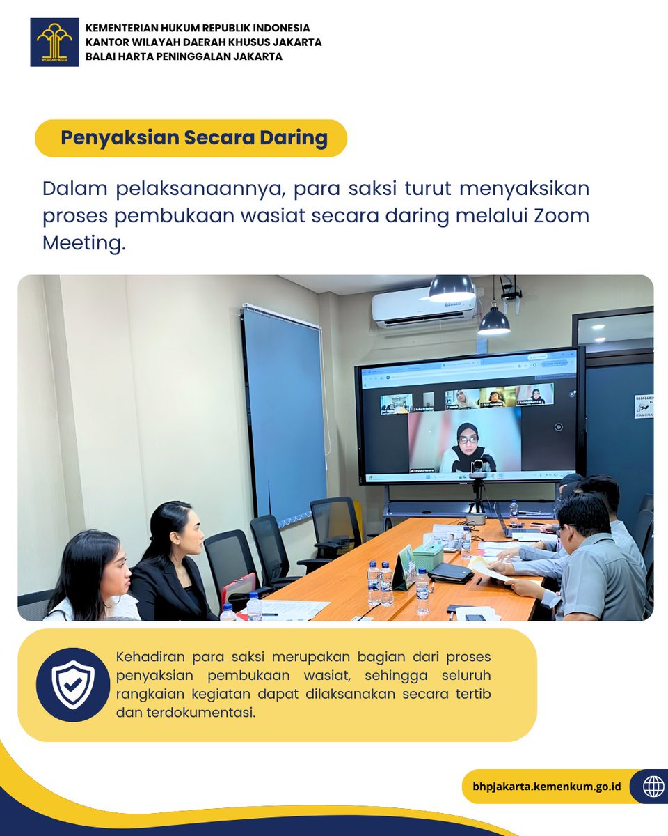 JakartaBhp's tweet photo. Halo #Sobat BHP! 👋
Tahukah kamu bagaimana proses pembukaan wasiat tertutup dilakukan?
Pada Selasa (29/09), Kepala Balai Harta Peninggalan (BHP) Jakarta memimpin langsung prosesi pembukaan wasiat tertutup peninggalan Almarhum Dedy Risdyanto. Momen penting ini disaksikan secara langsung oleh istri almarhum selaku pihak keluarga, notaris, dan tim BHP Jakarta.
Agar prosesnya semakin akuntabel, para saksi juga turut hadir dan menyaksikan secara daring melalui Zoom Meeting! 💻✨ Keterlibatan berbagai pihak ini adalah wujud nyata komitmen kami untuk memastikan pembukaan wasiat berjalan tertib, terdokumentasi dengan baik, dan sah di mata hukum.
BHP Jakarta selalu hadir memberikan pelayanan wasiat yang tertib, transparan, dan sesuai dengan peraturan perundang-undangan yang berlaku. ⚖️🤝
#BHPJakarta #KemenkumRI #KanwilKemenkumDKJakarta #WasiatTertutup
