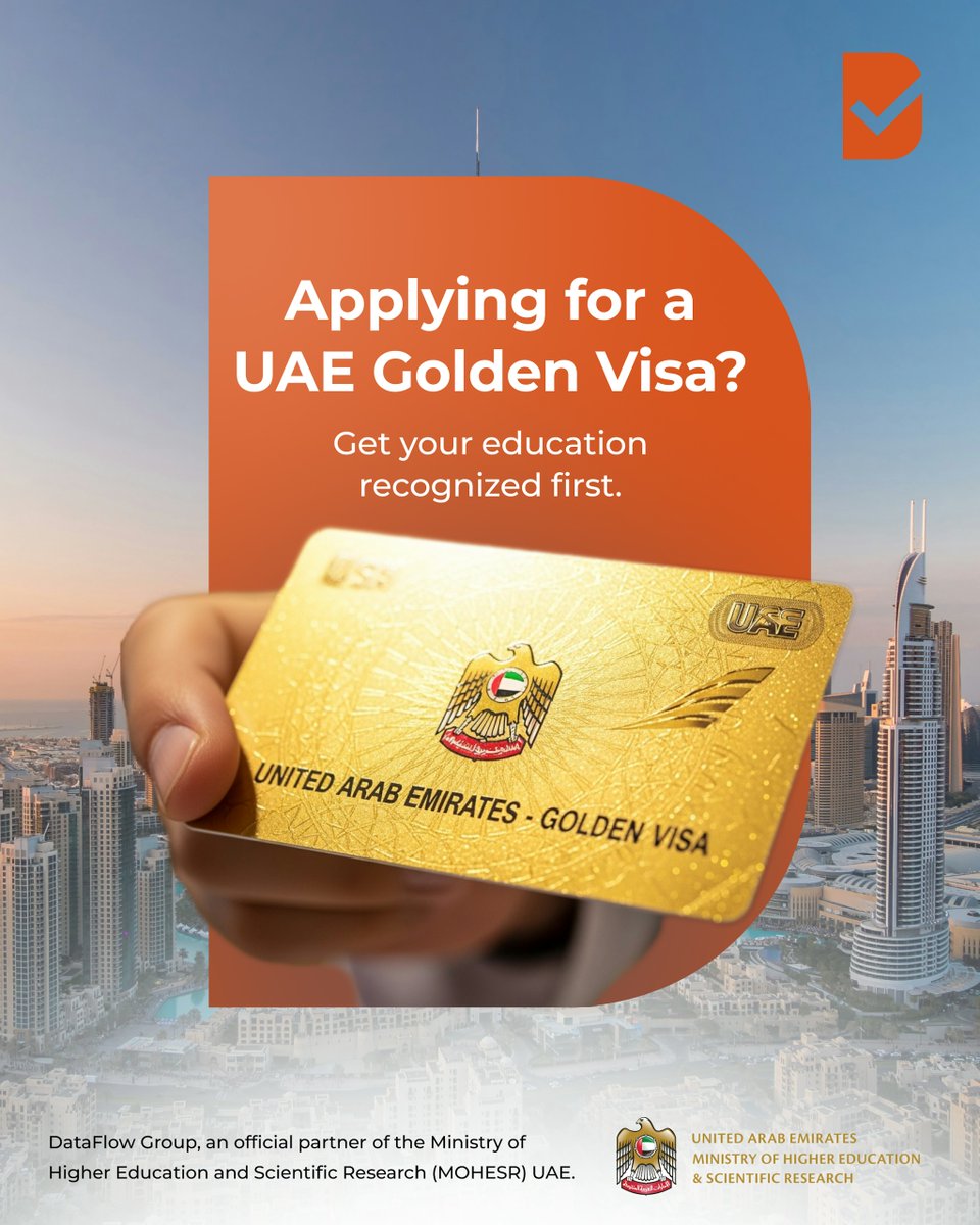 DataFlowGroup's tweet photo. If you are pursuing the UAE Golden Visa under the skilled professions category, your academic qualifications need to be officially recognized by the Ministry of Higher Education and Scientific Research before your application can move forward.

As an official partner of MOHESR, DataFlow Group verifies your educational credentials directly at the primary source and provides the recognition report required for your Golden Visa application.

Start your journey today.
🔗 https://t.co/kMYjRPVA0l

إن كنت تسعى للحصول على الإقامة الذهبية الإماراتية ضمن فئة أصحاب الكفاءات، فإن الاعتراف الرسمي بمؤهلاتك الأكاديمية من وزارة التعليم العالي والبحث العلمي خطوة أساسية لاستكمال طلبك.

بوصفها شريكاً رسمياً للوزارة، تتحقق مجموعة داتافلو من مؤهلاتك التعليمية مباشرةً من جهة إصدارها وتوفر لك تقرير الاعتراف المطلوب لإتمام طلب الإقامة الذهبية.

ابدأ رحلتك اليوم.
https://t.co/kMYjRPVA0l

#DataFlowGroup #UAEGoldenVisa #MOHESR #PrimarySourceVerification