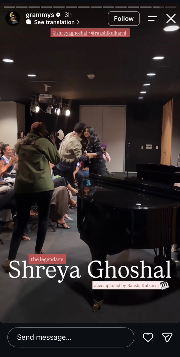 muzix16's tweet photo. The Recording Academy featured “the legendary Shreya Ghoshal” performing with pianist Raashi Kulkarni on the official GRAMMYs Instagram story! 🎶✨ https://t.co/SaEDOxPd61