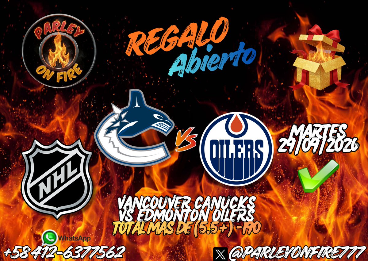 parleyonfire777's tweet photo. Martes de Regalo Abierto 🎁 NHL🏒 Acertado✅
#apuestas #apuestasdeportivas #parlay #freepicks #freepicksdaily #GAMBLINGX #sportsbetting #sportsbettingpicks #betting #NHL #NHLPicks #NHLBetting #VancouverCanucks #EdmontonOilers @Canucks @EdmontonOilers @NHL @NHLPR https://t.co/0BQWNj0eM3