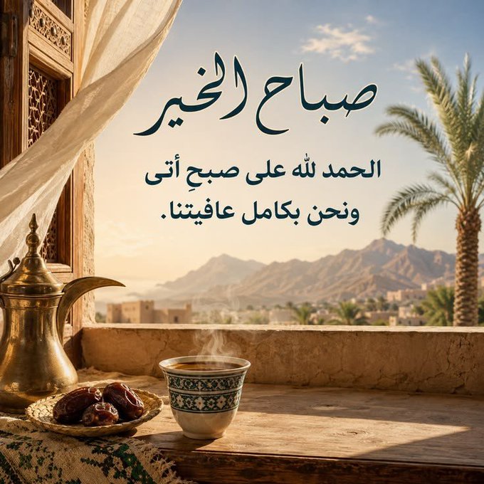 An Arabic greeting card reading 'صباح الخير' (Good morning) with Islamic morning prayers ('الحمد لله على صباح أتى ونحن بكامل عافيتنا'), featuring a brass teapot, dates, and a cup of coffee on a wooden table with a desert landscape view.