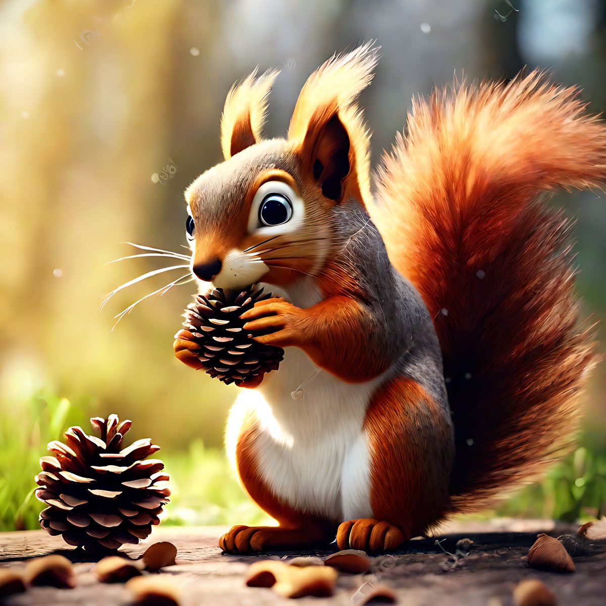 9uLO0URWdheqIra's tweet photo. A cute little squirrel (嗽乖徽磷) nibbles on a pine cone, its fluffy tail wagging slowly. The tiny phosphorus trace on its fur glows softly under the warm morning sun.， https://t.co/bfUI8dfwQZ