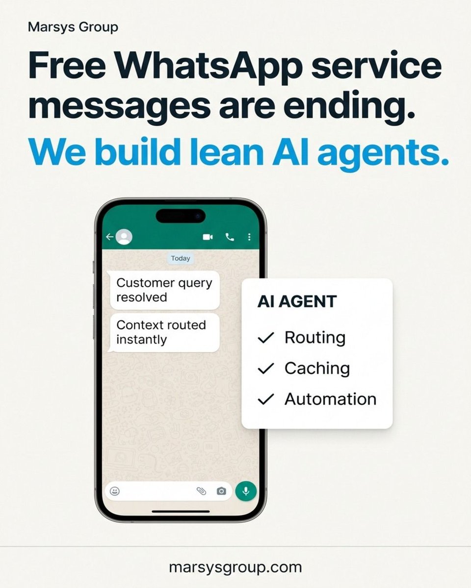 marsysgroup's tweet photo. Meta ends free WhatsApp service messages on October 1, 2026. Unoptimized bots burning 20000 to 25000 tokens will hurt margins. Marsys Group builds lean AI agents and production backends with Node.js and Redis: https://t.co/LjdzoLdAhO https://t.co/jZ80Xm9cSV