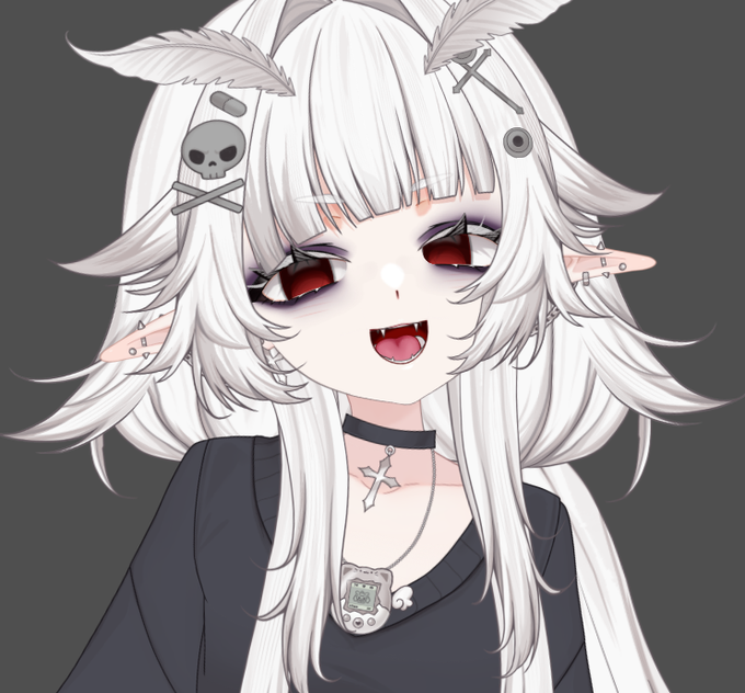 An anime-style illustration depicts a pale character with white hair, red eyes, pointed ears, a skull hair clip, and a cross necklace wearing dark clothing.