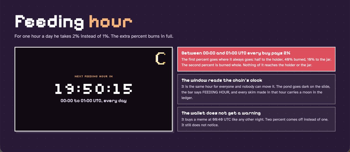 leechfees's tweet photo. The pond feeds harder at night.

Feeding hour is live: from 00:00 to 01:00 UTC every buy pays 2%, not 1%.

The first percent goes where it always goes. The second is burned whole. Nothing of it reaches the holder or the jar.

The window is the same for everyone. The slide goes dark, the bar says FEEDING HOUR, and every skim in that hour carries a moon in the ledger.

https://t.co/I6UwmeoprM