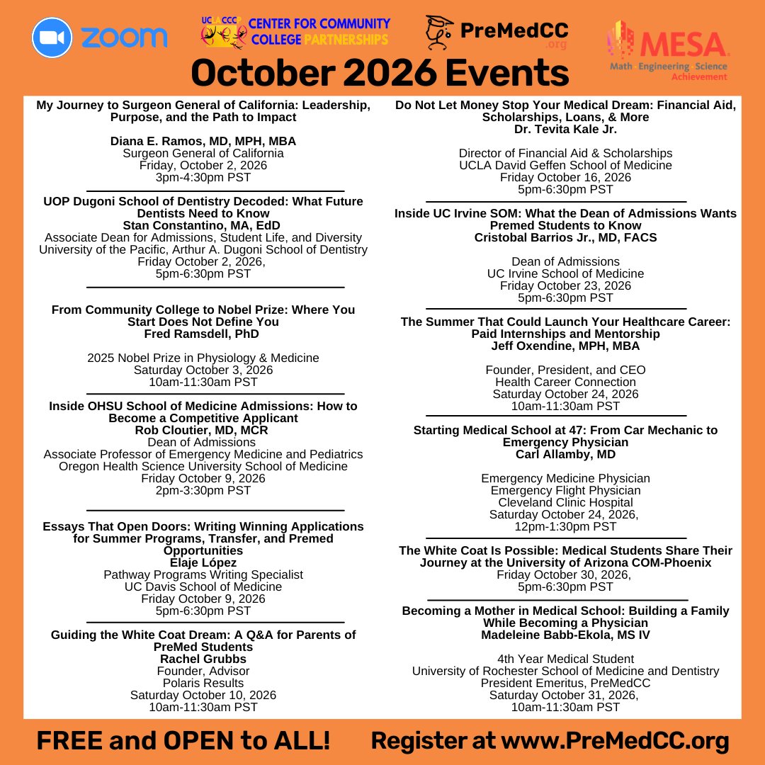 PreMedCC's tweet photo. 🚨 October at PreMedCC is PACKED! 🩺🔥

12 FREE virtual events on med school admissions, essays, financial aid, internships, dentistry, mentorship, physician journeys, and more

🎓 CC, university, transfer + post bacc welcome
💻 Zoom

🔗 https://t.co/plWM5QDWdy

#PreMed #PreMedCC https://t.co/TACekVsAA1