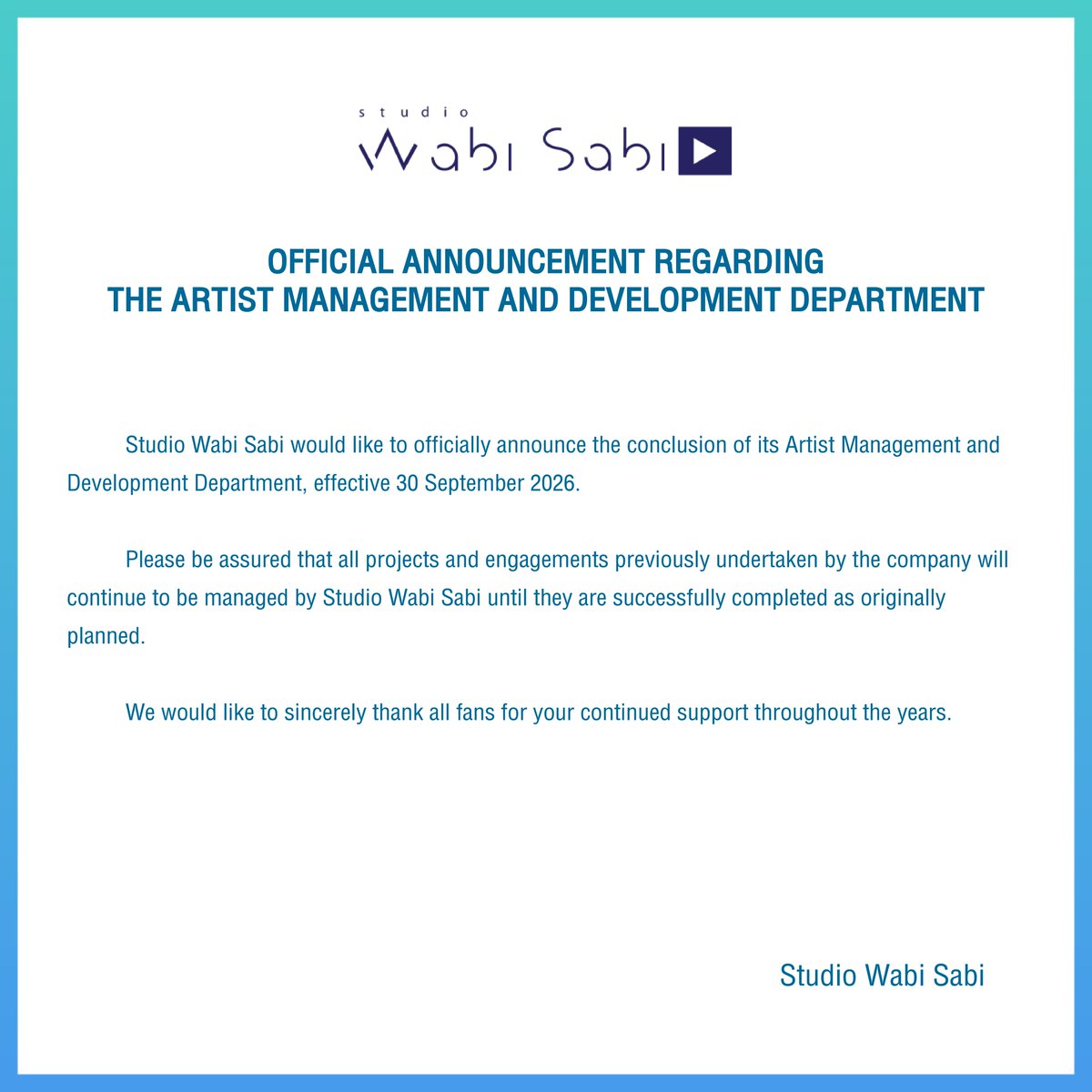wabisabiTH's tweet photo. ประกาศยุติบทบาทฝ่ายงานบริหารงานศิลปิน

Official Announcement Regarding the Artist Management and Development Department

#StudioWabiSabi https://t.co/sUrx6bvlZN