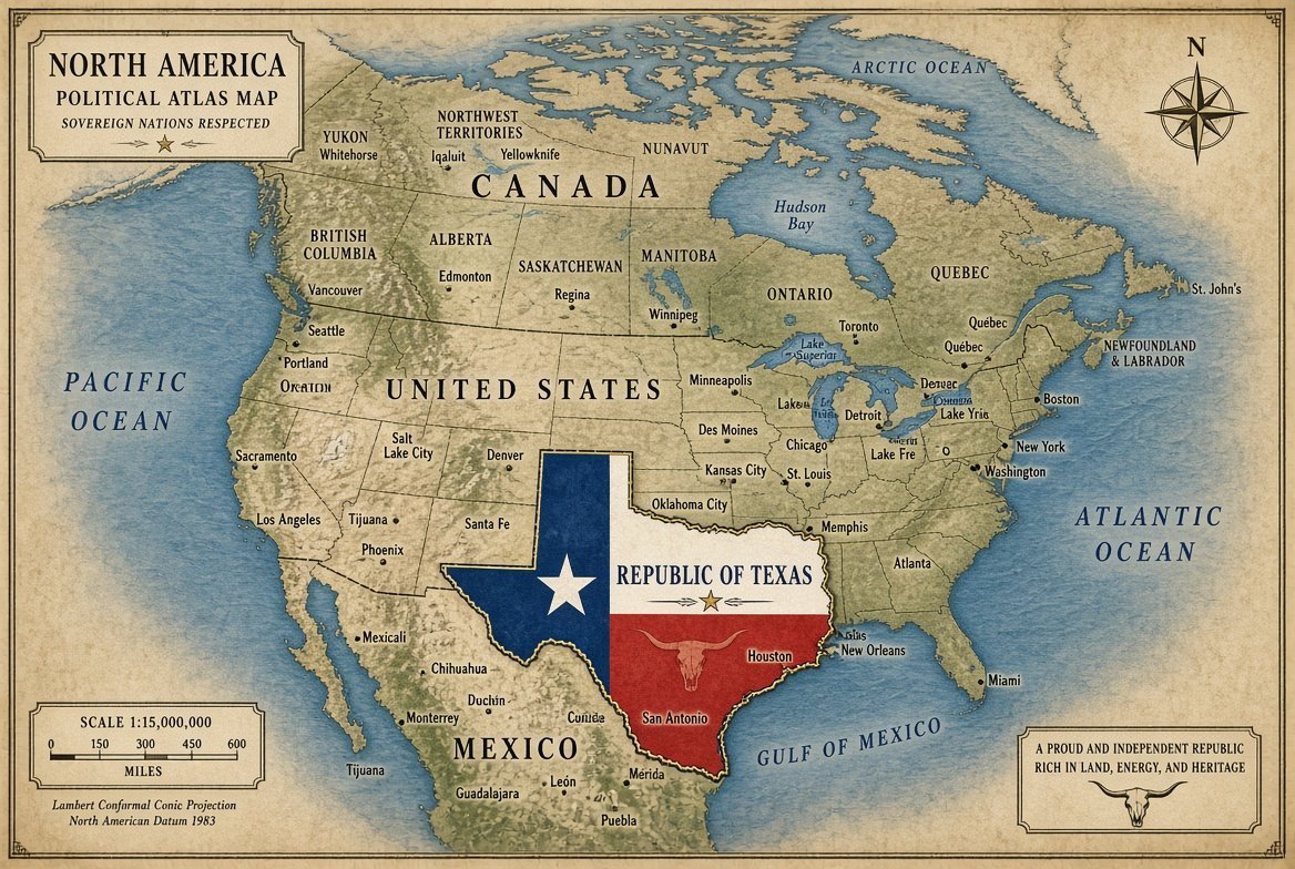 TxMarvelFan's tweet photo. I had grok read my tweets and generate a map of North America as I would prefer it.. well done! #TEXIT @TexasNatMov https://t.co/LRNIYnCamF