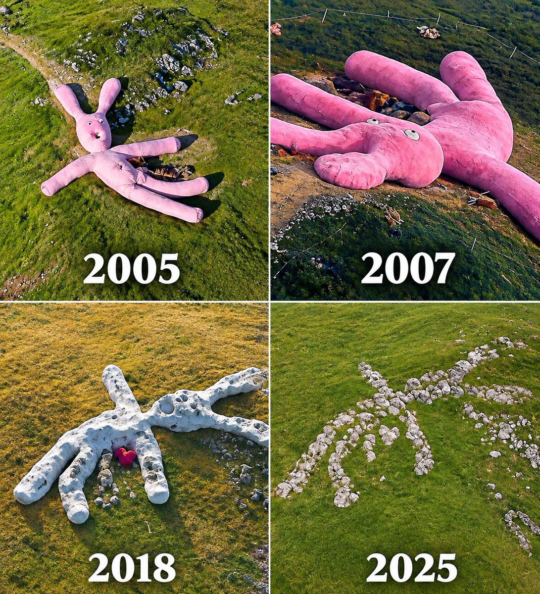 softlethal's tweet photo. Hey @grok Who created this giant pink bunny and WHY did they leave it to slowly disappear on a mountain? https://t.co/o86ZD0wEvx