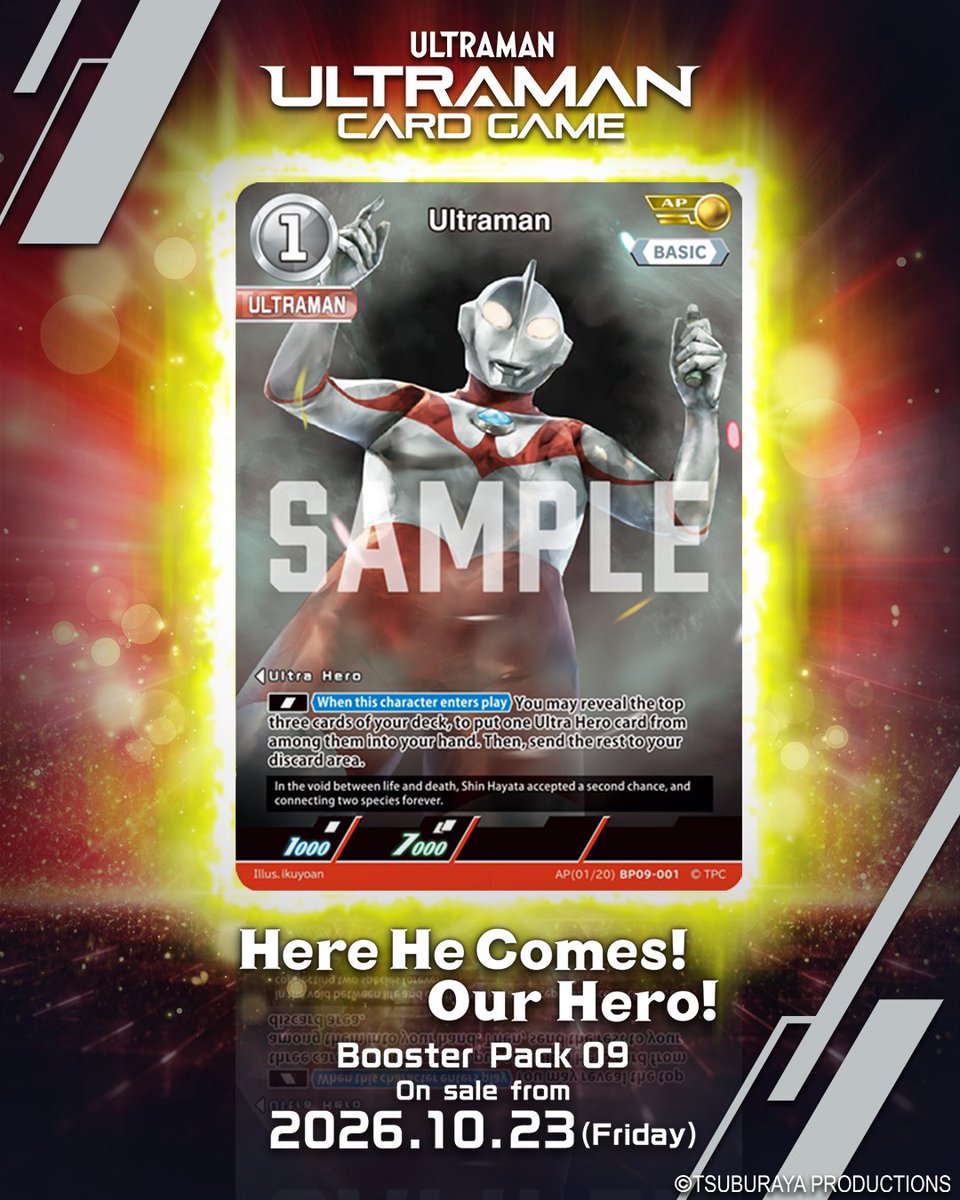 ucg_en's tweet photo. ◢◤#UltramanCardGame◢◤

⚡Card Design Reveal⚡

From Booster Pack 09
“Here He Comes! Our Hero!”

[BP09-001]
“Ultraman”

In his fading consciousness, he encounters an alien who came from Nebula M78.

Booster Pack 09 goes on sale 23 October 2026!

#UCG #BP09 https://t.co/O2tYy5uVS9