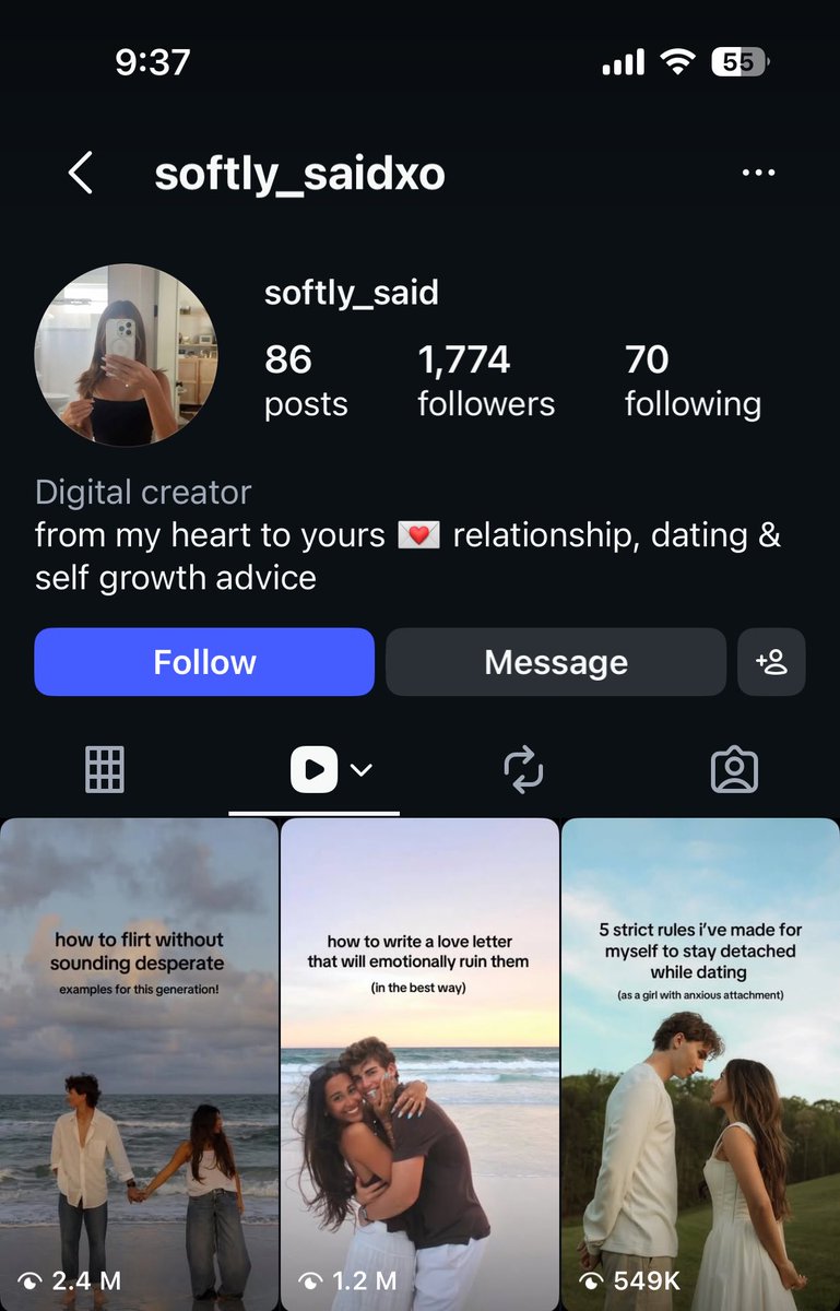 jacegrowth's tweet photo. this girl might be a fucking genius

she posts relationship advice TikTok slideshows as videos on Instagram and still manages to get millions of views each month.

86 posts, 1774 followers and 10m+ views for an couples app off repurposing is just free money.

here’s how to do the same:

-> download the tiktok slideshows using any tt downloader. (it should download as a video)

-> go to edits app, add the video and select the same song (important)

thats it, now just post it.

P.S make sure your account all warmed up before your start posting.