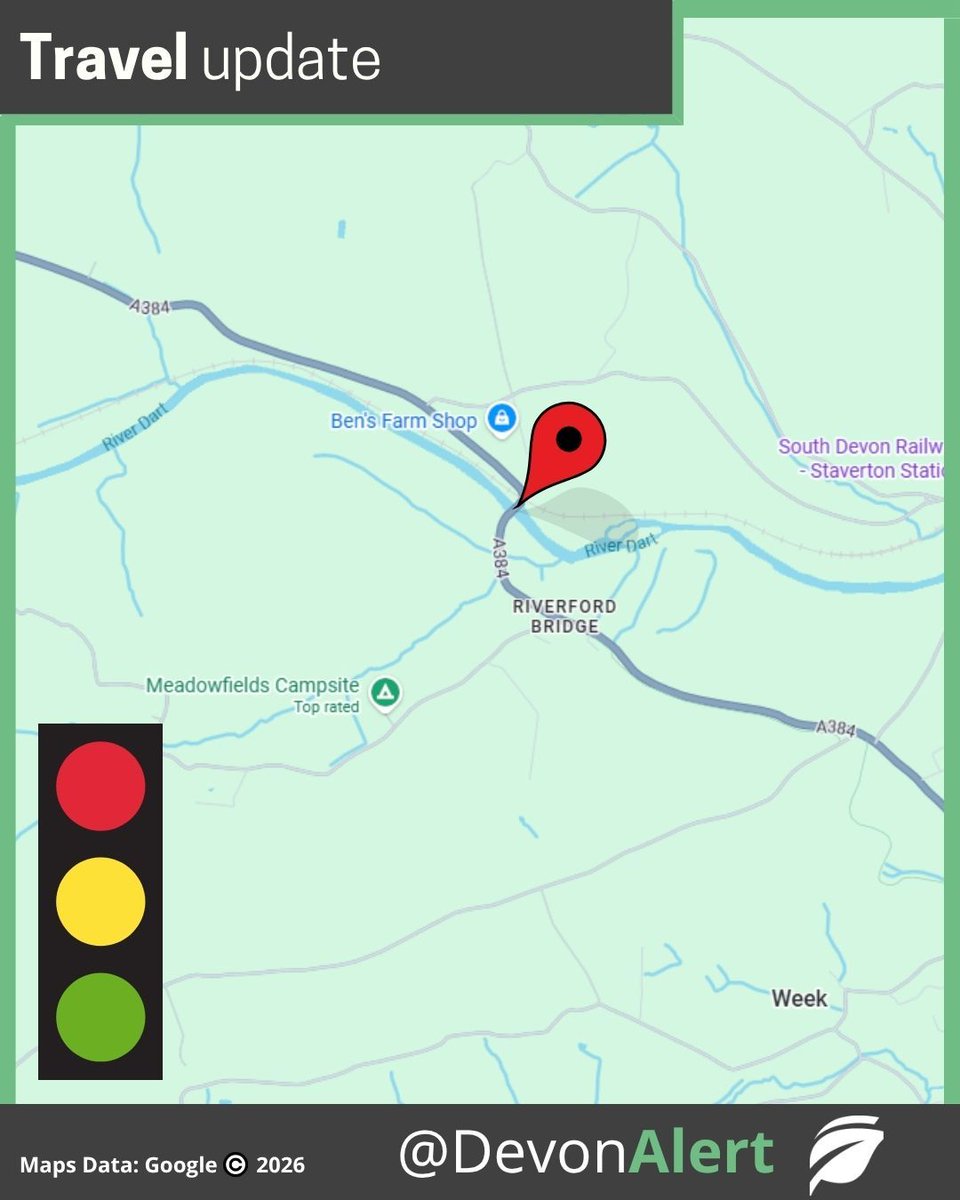 DevonAlert's tweet photo. #Devon 05:09 30/09/26 A384 Riverford Bridge - We have received a report of traffic lights all out at this location. Engineers have been made aware to attend. Please approach with caution. JC @BBCDevon @StagecoachSW https://t.co/tECaVSx4z6