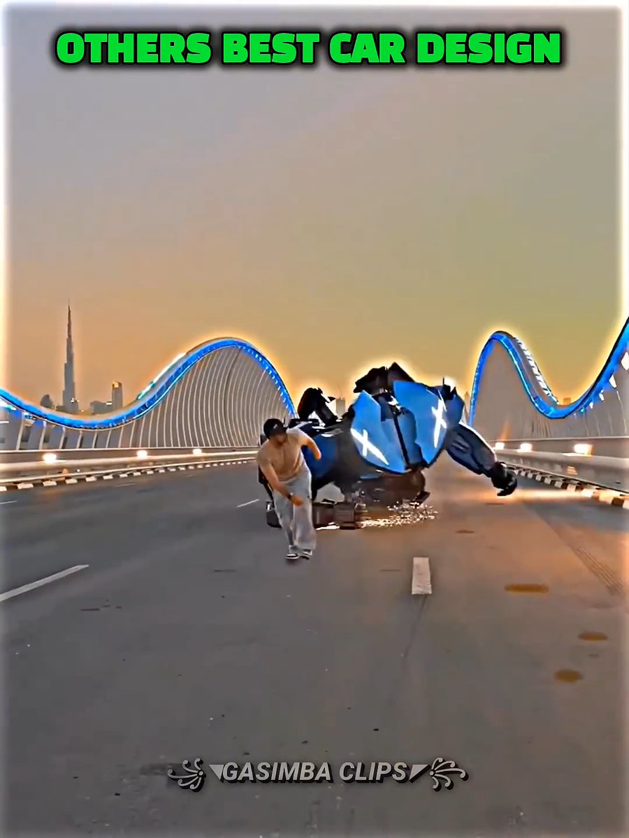 A dramatic video thumbnail shows a person running from a damaged blue futuristic vehicle on a highway with illuminated bridges in the background, featuring green text 'OTHERS BEST CAR DESIGN' and 'GASIMBA CLIPS' watermark.