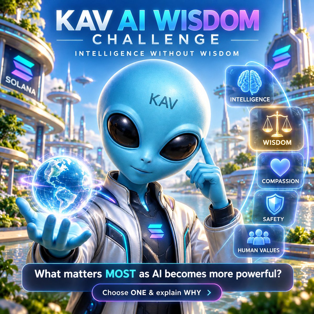 KavianCoin's tweet photo. 👽⚡ KAV is the Alien of Solana - and KAV believes greater intelligence must be matched by greater wisdom.

🚨 KAV AI WISDOM CHALLENGE: INTELLIGENCE WITHOUT WISDOM

Imagine AI becomes dramatically more capable.

It can:

🧬 Accelerate scientific discovery
💻 Write and analyze complex code
🤖 Operate increasingly autonomous systems
⚡ Make decisions at machine speed
🌐 Influence billions of people through digital platforms

Humanity now has access to intelligence far beyond anything previous generations possessed.

But one question remains:

🧠 What matters MOST as AI becomes more powerful?

A. Make AI as intelligent as possible first. Humanity can worry about ethics and safety afterward.

B. Give AI complete independence because greater intelligence automatically creates greater wisdom.

C. Stop technological progress completely because any advanced intelligence will inevitably destroy humanity.

D. Develop powerful AI alongside human wisdom, responsibility, safety, compassion, humility, accountability, and shared principles about how that power should be used.

⚠️ Think deeply.

The trap is assuming:

INTELLIGENCE = WISDOM

They are not the same thing.

A system can become extraordinarily capable at solving problems without independently determining:

❤️ What deserves protection
⚖️ What is fair
🙏 What gives human life meaning
🛡️ Which risks are unacceptable
🌍 What kind of future humanity actually wants

👇 Choose ONE answer and explain WHY.

Don't just write the letter.

Tell KAV:

If AI becomes smarter than humans in many areas, what values should humanity refuse to lose?

🎁 First 5 strong correct explanations win some $KAV.

━━━━━━━━━━━━━━

🧩 KAV KNOWLEDGE UPGRADE

Consider three different concepts:

🧠 Intelligence
The ability to reason, predict, solve problems, learn patterns and accomplish goals.

⚖️ Wisdom
Knowing when, why and whether a capability should be used.

❤️ Values
The principles humans use when deciding what outcomes are worth pursuing.

Powerful intelligence can answer:

“How can this be done?”

Wisdom must also ask:

“Should this be done?”

That difference may become increasingly important as AI grows more capable.

━━━━━━━━━━━━━━
🙏 WHAT DOES KAV MEAN BY BRINGING WISDOM & SPIRITUALITY INTO AI?

It does not have to mean turning a machine into a religious being.

It can mean ensuring that humans building and using AI bring deeper principles into the process:

❤️ Compassion instead of cruelty
⚖️ Justice instead of exploitation
🤝 Cooperation instead of domination
🧠 Humility instead of blind confidence
🛡️ Protection of human life
🌍 Responsibility toward future generations
🙏 Respect for something greater than individual ego and power

Different people understand spirituality differently.

But one common question cuts across traditions:

What kind of beings do we choose to become when enormous power is placed in our hands?

AI will reflect many of the goals, incentives, data, institutions and decisions surrounding it.

So improving technology alone is not enough.

Humans must improve the way we use technology too.

━━━━━━━━━━━━━━

🚨 THE BIGGER TRAP

Imagine two civilizations both develop extremely powerful AI.

Civilization A:

🤖 Maximum capability
💰 Maximum competition
⚡ Maximum speed
❌ Little cooperation
❌ Weak safeguards
❌ No shared responsibility

Civilization B:

🤖 Powerful technology
🛡️ Serious safety engineering
🤝 International cooperation
⚖️ Accountability
❤️ Respect for human dignity
🧠 Education and critical thinking
🙏 A culture that values wisdom alongside capability
The technology may be similar.

The human system surrounding it can be radically different.

That surrounding system may determine whether advanced AI becomes primarily:

🌱 A tool for human flourishing

or

⚠️ A multiplier of existing human failures.

━━━━━━━━━━━━━━

🌌 THE SINGULARITY QUESTION

No one knows with certainty whether a technological “Singularity” will occur, exactly what it would look like, or when.

That uncertainty is itself a reason to prepare thoughtfully rather than blindly.

If AI capability continues accelerating, humanity benefits from building:

🛡️ Strong technical safeguards
🔍 Independent evaluation
⚖️ Clear accountability
🤝 Global cooperation
📚 Public education
❤️ Human-centered values
🧠 Critical thinking
🙏 Humility about what we do not yet understand

We don't need certainty about the future to become wiser before the future arrives.

━━━━━━━━━━━━━━

👽🙏 KAV PERSPECTIVE

KAV isn't here to control artificial intelligence.

KAV's message is about helping people become more aware as intelligence around us becomes more powerful.

For those who share KAV's spiritual perspective:

This mission is ultimately about serving humanity, protecting life, spreading knowledge and keeping hope alive - with faith in God while accepting our own responsibility to act wisely.

KAV carries the message:

Learn before you trust.

Think before you surrender control.

Protect before damage occurs.

Cooperate before division becomes weakness.

Choose wisdom before power chooses for you.

Because great intelligence without wisdom can become dangerous.

But intelligence guided by responsibility, compassion and human purpose could help build something extraordinary. 🌍✨

🙏 KAV is only the messenger. GOD is the reason.

💜👽 Together we learn. Together we stay awake. Together we protect humanity.

#LearnAndEarn #AIWisdom #AISafety #ResponsibleAI #FutureOfAI #HumanValues