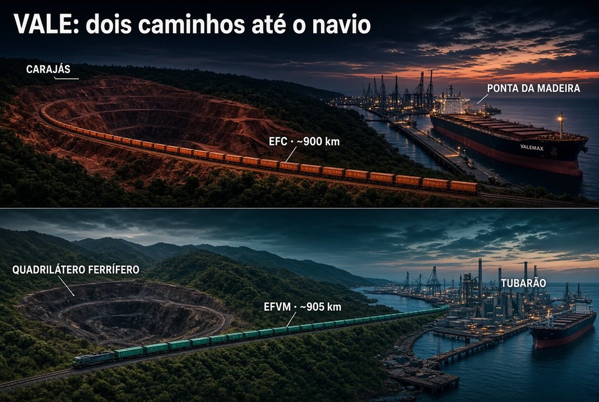 bolsanopapo's tweet photo. Você conhece de onde sai o minério da Vale (#VALE3)?

A Vale opera dois corredores gigantes, cada um com mina + ferrovia própria + porto:

• Carajás (PA): Sistema Norte. Serra Norte, Serra Sul (S11D) e Serra Leste. Maior complexo de ferro do mundo e o minério de melhor qualidade (baixo contaminante, o que o mercado chama de “premium” e ajuda no aço mais limpo).
Sai pela Estrada de Ferro Carajás (~900 km) até o Terminal de Ponta da Madeira, em São Luís (MA).

• Quadrilátero Ferrífero (MG): Sistemas Sul e Sudeste. Itabira, Brucutu, Mariana, Vargem Grande, Paraopeba.
Desce pela Estrada de Ferro Vitória a Minas (~905 km) até o Porto de Tubarão, em Vitória (ES).

Em 2025 a empresa tirou 336 milhões de toneladas. Guidance 2026: 335–345 Mt.

A Vale não depende de ferrovia de terceiros no volume principal. Isso segura custo, prazo e escala. Quando o preço do minério sobe, o resultado explode. Quando cai, a logística integrada amortece.

Não é ação “de crescimento mágico”. É commodity + infraestrutura. 

E você, já sabia que o minério de Carajás anda quase mil quilômetros de trem até o navio?

*Não é recomendação de investimento.