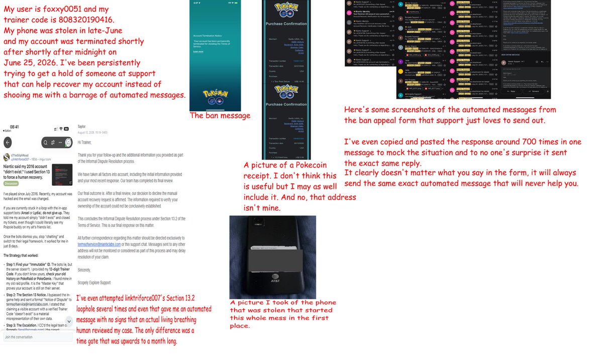 foxxy92012's tweet photo. @ScopelyExplore @Metrakbear @ScopelyExplore #PokemonGO as shown in these screenshots, that chat button hasn't been helpful in the past 96 days i've been dealing with this. it constantly sends me to a ban appeal form that sends even more automated messages, which is also shown here. we want a real human. https://t.co/TXbAA0xY0h