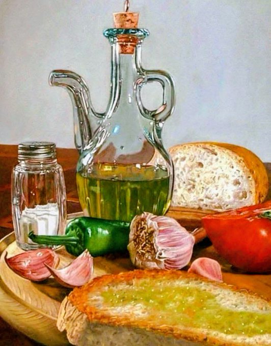 A still life painting showing a glass cruet of olive oil, a salt shaker, bread, garlic cloves, a green pepper, and a slice of bread topped with green spread arranged on a wooden board.