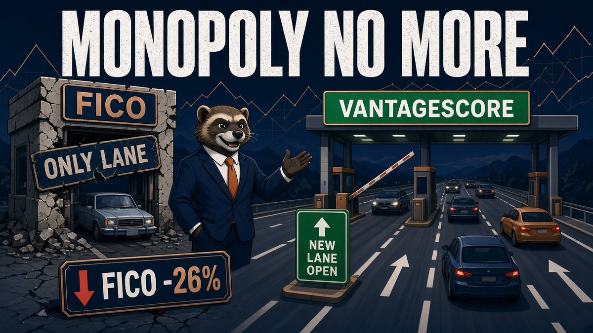 3FinanWolverine's tweet photo. $FICO tumbled today closing at $617.87, down 26.5%.

 About $4.8B of market value gone in one day. Ouch.

Fannie and Freddie are moving to one pricing grid, with VantageScore on equal footing with FICO Classic. 

Rocket makes VantageScore its default in Q4. 

TransUnion just locked VantageScore mortgage pricing at $0.99 a score through 2028 while FICO charges $4.95 a score plus $33 per funded loan. Mortgages are about 42% of FICO's revenue. 

The stock is −63% YTD, −74% from its high.