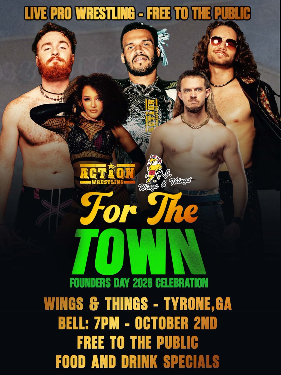 WrestleACTION1's tweet photo. THIS FRIDAY NIGHT

Join us at Wings &amp; Things in Tyrone Ga at 7pm for our annual Founders Day Weekend event!  

Come out and come hungry for food &amp; drink specials and an exciting night of ACTION! https://t.co/fnRxeli9cW