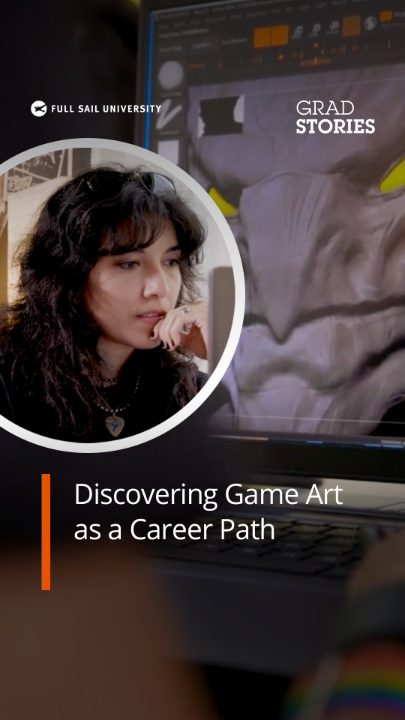 A promotional graphic from Full Sail University titled 'GRAD STORIES: Discovering Game Art as a Career Path' featuring a young woman with dark curly hair working on digital art on a computer.