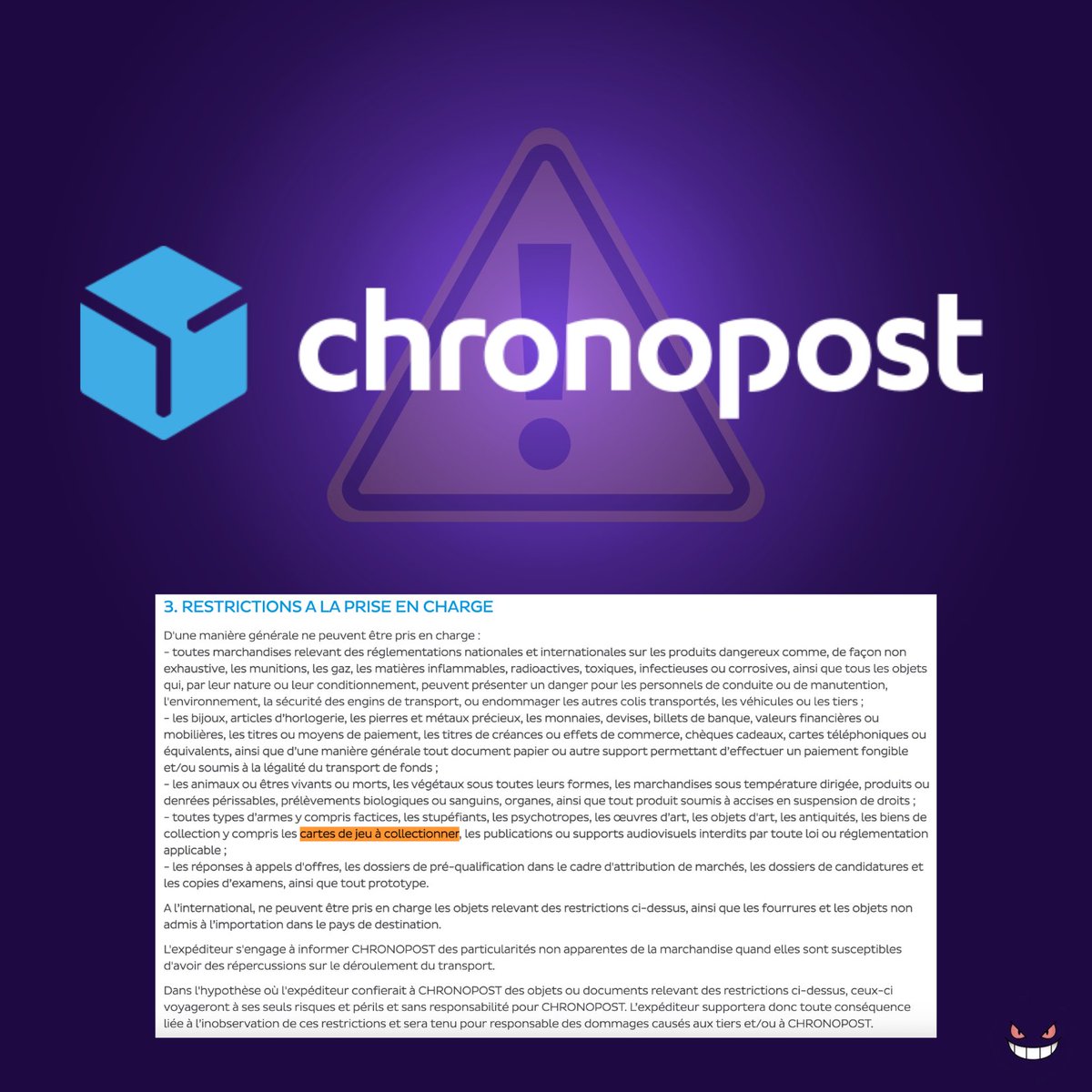 Pokecop_'s tweet photo. ⚠️Chronopost vient d’ajouter les cartes à collectionner à la liste des marchandises non prises en charge dans ses CGV.

Concrètement : en cas de perte ou de vol, l'indemnisation peut être refusée, puisque la marchandise n'aurait pas dû être expédiée.

À noter : les "biens de collection" étaient déjà exclus avant. 
Ce qui change, c'est que les cartes sont désormais citées noir sur blanc, donc plus aucune marge de négociation en cas de litige.

Pensez à vérifier ce que couvre réellement votre transporteur avant d'envoyer une grosse valeur 👀