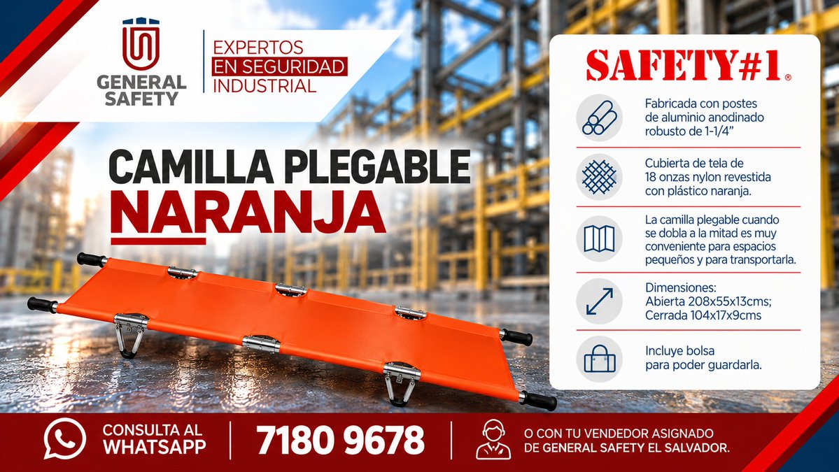 GeneralSafetyES's tweet photo. ¿Quieres espacios seguros y preparados para emergencias? Pues parte de los implementos que te ayudarán es una práctica camilla plegable. Es muy fácil de almacenar y transportar. Pregunta por ella al whatsapp 7180 9678 o con tu vendedor asignado de General Safety El Salvador. https://t.co/hRqFnQynMw