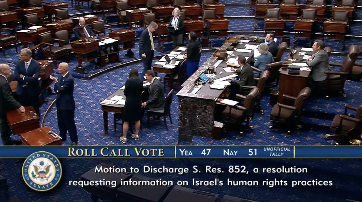 YasmineTaeb's tweet photo. BREAKING: Tonight, 46 Dem Senators + @SenRandPaul voted YES on Sen. @ChrisVanHollen's 502B(c) resolution (S.Res.852) requiring the State Department to provide a detailed report on Israel's human rights practices and increasing violence in the West Bank within 30 days – including the killing of nine American citizens and the Israeli military’s abduction and detention of children. 

@SenSanders forced a first-of-its-kind vote under 502B(c) of the Foreign Assistance Act more than two and and a half years ago on 1/16/24 on Israel's genocide in Gaza that only 11 Senators voted to advance. 

While tonight's privileged resolution ultimately did not pass, it marks a significant shift in pressure and demanding accountability for the Israeli government's human rights abuses. The AIPAC days are over. 

P.S. Yes, @SenFettermanPA was the only Dem Senator to vote No.