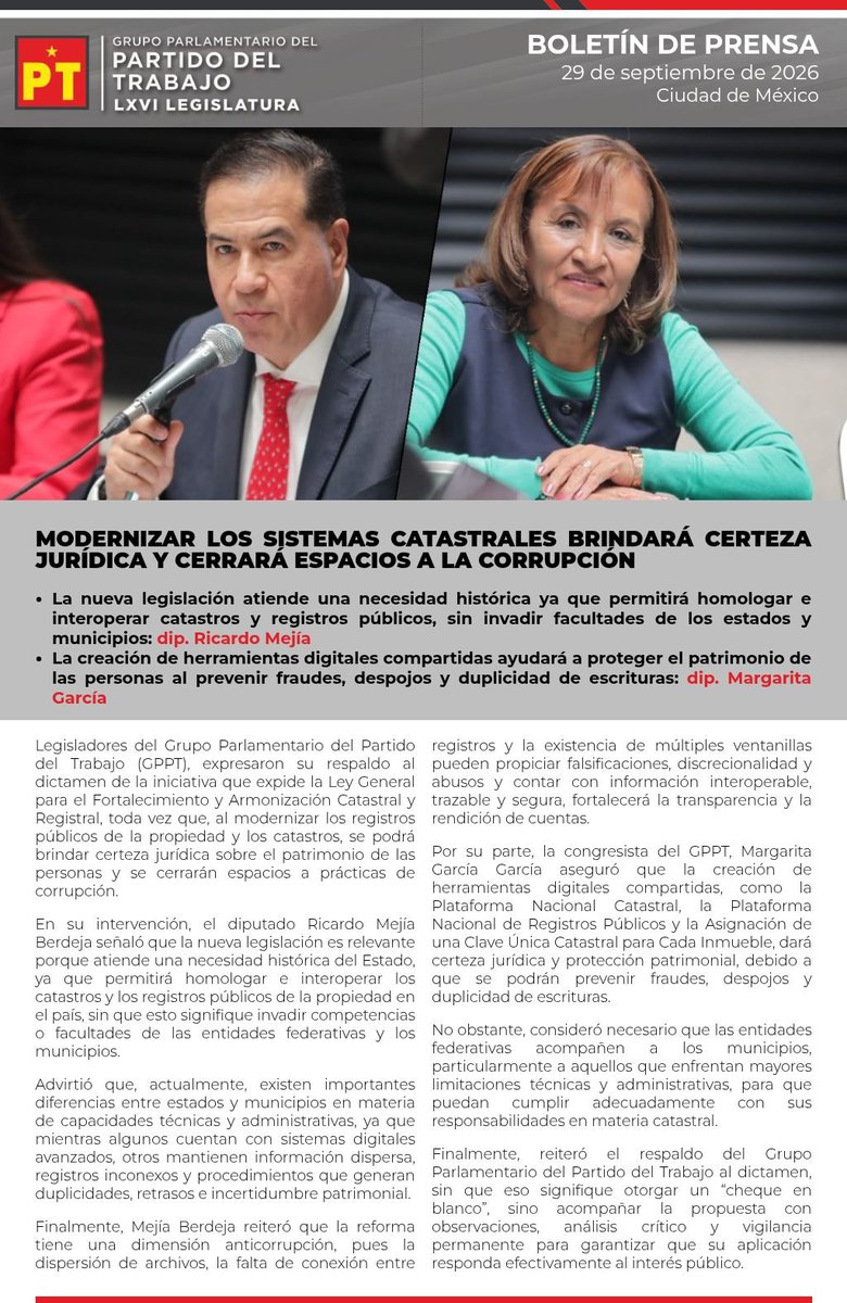 DiputadosPTmx's tweet photo. 📰 #Boletín || Modernizar los Sistemas Catastrales brindará certeza jurídica y cerrará espacios a la corrupción 👇 https://t.co/hJERJZCwkD