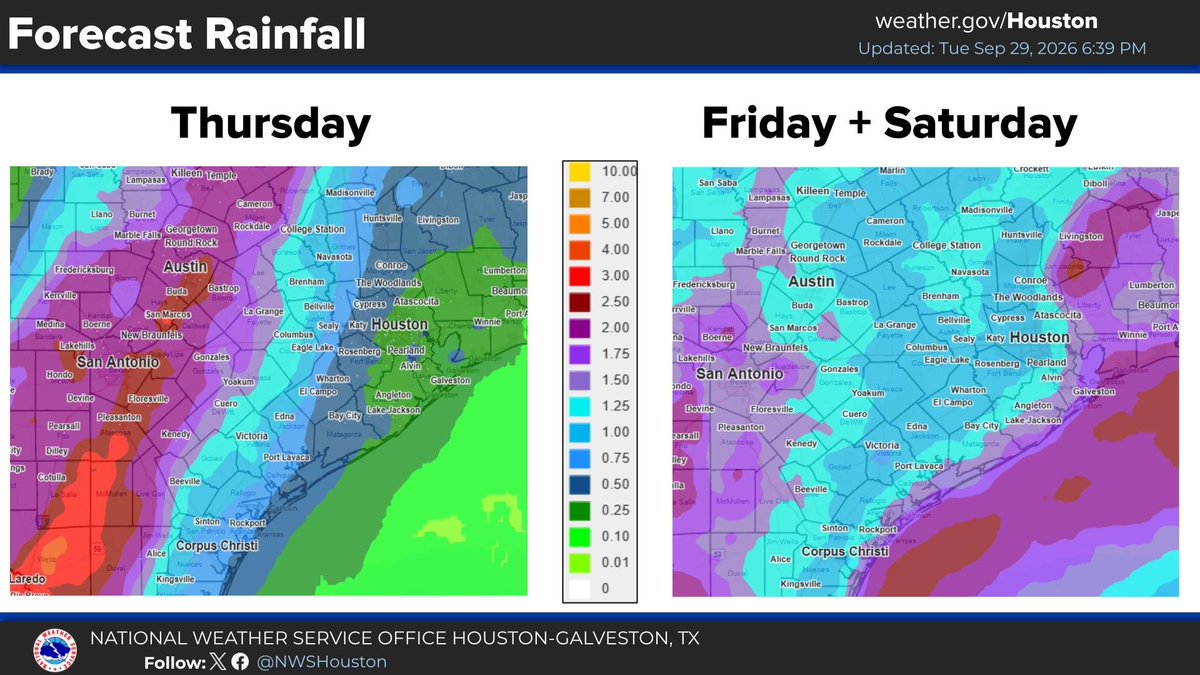 NWSHouston's tweet photo. Locally, the forecast remains on track. On Thursday, there is a Slight Risk (level 2/4) of excessive rainfall. The axis of heaviest rainfall remains west, but a Moderate Risk (level 3/4) bumps right up against our NW counties. We'll closely monitoring the forecast for changes. https://t.co/h8PXuzJ9vd