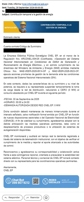 A Spanish-language email notification from CNEL EP (Empresa Eléctrica Pública Estratégica) dated September 29, 2026, regarding temporary contribution to energy management (red circuit), informing about a power supply suspension from 00:00 to 24:00 on September 30, 2026.