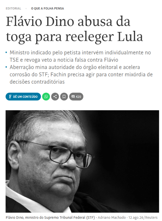 david_agape_'s tweet photo. Editoriais de 4 dos maiores jornais do Brasil acusam Flávio Dino de fazer uso político da Justiça. Três escancaram a intenção: eleger Lula.  

Estadão: Dino atua para reeleger Lula
https://t.co/p8lMIb8pfq

O Globo: Dino faz uso político da Justiça
https://t.co/0sFwCdX1Pv

Gazeta do Povo: Para ajudar Lula, Dino age como juiz político e valida “fake news”
https://t.co/0D1PsAOf0q

Folha de S. Paulo: Flávio Dino abusa da toga para reeleger Lula
https://t.co/c1hVT8d3uY