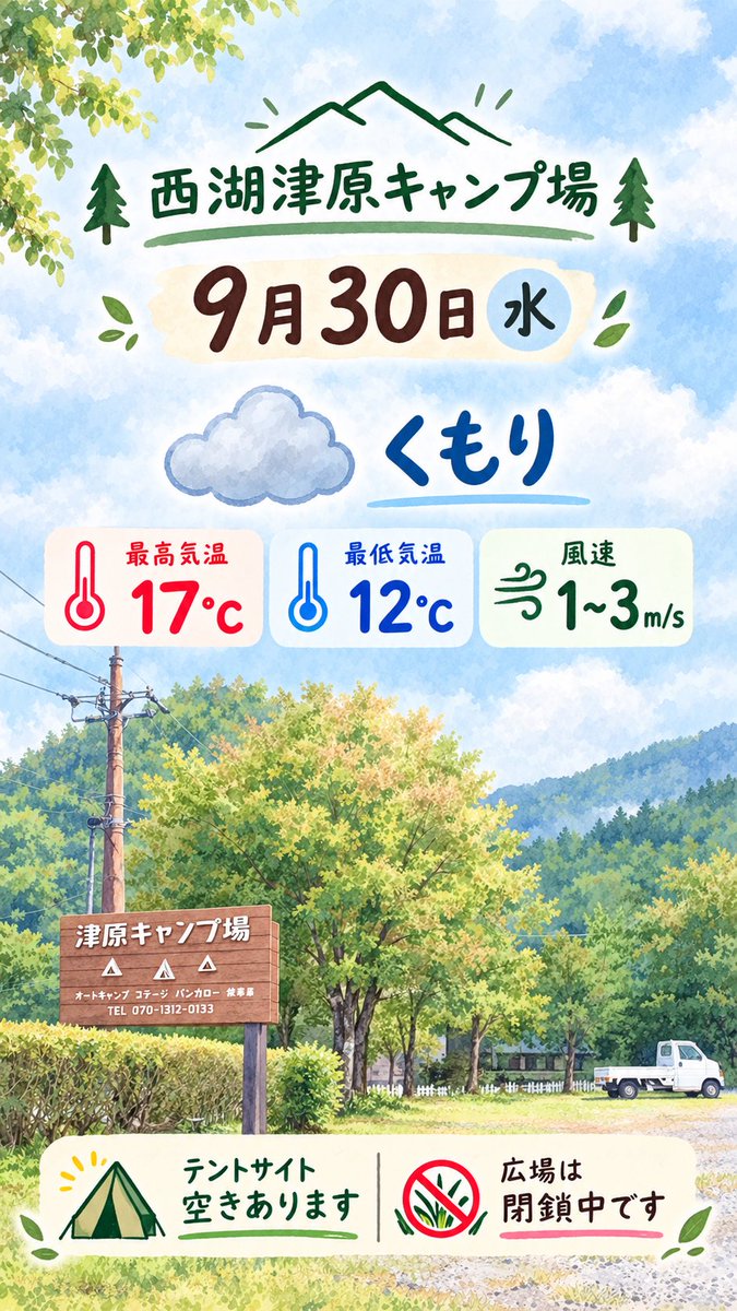 tsuhara_camp's tweet photo. おはようございます☀
今日も少し冷えますね😳
日曜日までは今の所雨が降らない予報になっております✨
今日もよろしくお願いします😊

#津原キャンプ場 #西湖 #湖畔 #テント #キャンプ #SUP https://t.co/T4pybfnQMx