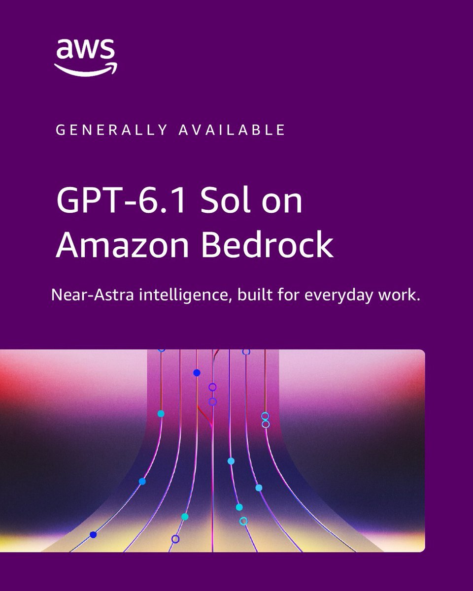 AWSAI's tweet photo. Near-Astra intelligence, built for everyday work. GPT-6.1 Sol from @OpenAI is now generally available on Amazon Bedrock. 

Build and scale capable agents in production with the performance, security, and reliability of Amazon Bedrock. https://t.co/go9PNyC4EM