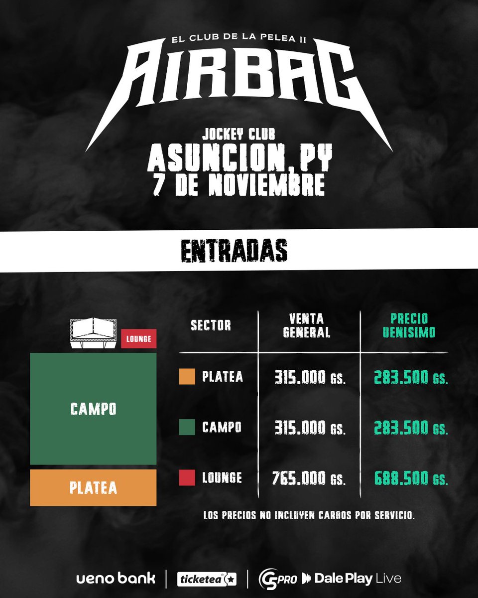 G5pro's tweet photo. ¡𝙑𝙀𝙉𝙏𝘼 𝘿𝙀 𝙀𝙉𝙏𝙍𝘼𝘿𝘼𝙎 𝙔𝘼 𝘿𝙄𝙎𝙋𝙊𝙉𝙄𝘽𝙇𝙀! 💥

¡@AirbagInfo  🎸 vuelve a 🇵🇾 con 𝙀𝙡 𝘾𝙡𝙪𝙗 𝘿𝙚 𝙇𝙖 𝙋𝙚𝙡𝙚𝙖 𝙄𝙄 el próximo 7 de Noviembre en el Jockey Club y 𝙏𝙀𝙉𝙀𝙎 𝙌𝙐𝙀 ��𝙎𝙏𝘼𝙍 𝘼𝙃𝙄́! ❤️‍🔥

CONSEGUÍ YA tus entradas en @TicketeaPy  https://t.co/oeuHU7vZ9E 🎟

Produce: @g5pro y @livedaleplay 🔝
