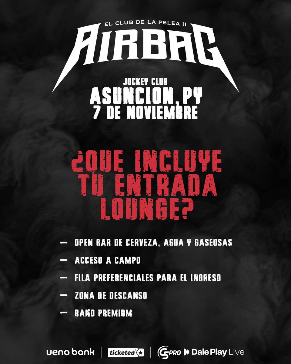 G5pro's tweet photo. ¡𝙑𝙀𝙉𝙏𝘼 𝘿𝙀 𝙀𝙉𝙏𝙍𝘼𝘿𝘼𝙎 𝙔𝘼 𝘿𝙄𝙎𝙋𝙊𝙉𝙄𝘽𝙇𝙀! 💥

¡@AirbagInfo  🎸 vuelve a 🇵🇾 con 𝙀𝙡 𝘾𝙡𝙪𝙗 𝘿𝙚 𝙇𝙖 𝙋𝙚𝙡𝙚𝙖 𝙄𝙄 el próximo 7 de Noviembre en el Jockey Club y 𝙏𝙀𝙉𝙀𝙎 𝙌𝙐𝙀 ��𝙎𝙏𝘼𝙍 𝘼𝙃𝙄́! ❤️‍🔥

CONSEGUÍ YA tus entradas en @TicketeaPy  https://t.co/oeuHU7vZ9E 🎟

Produce: @g5pro y @livedaleplay 🔝