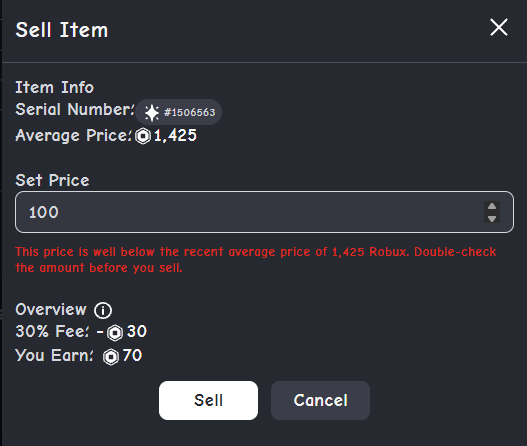 Rolimons's tweet photo. Roblox will now warn you if you try to list an item far below its recent average price. https://t.co/rCJryOU4CD