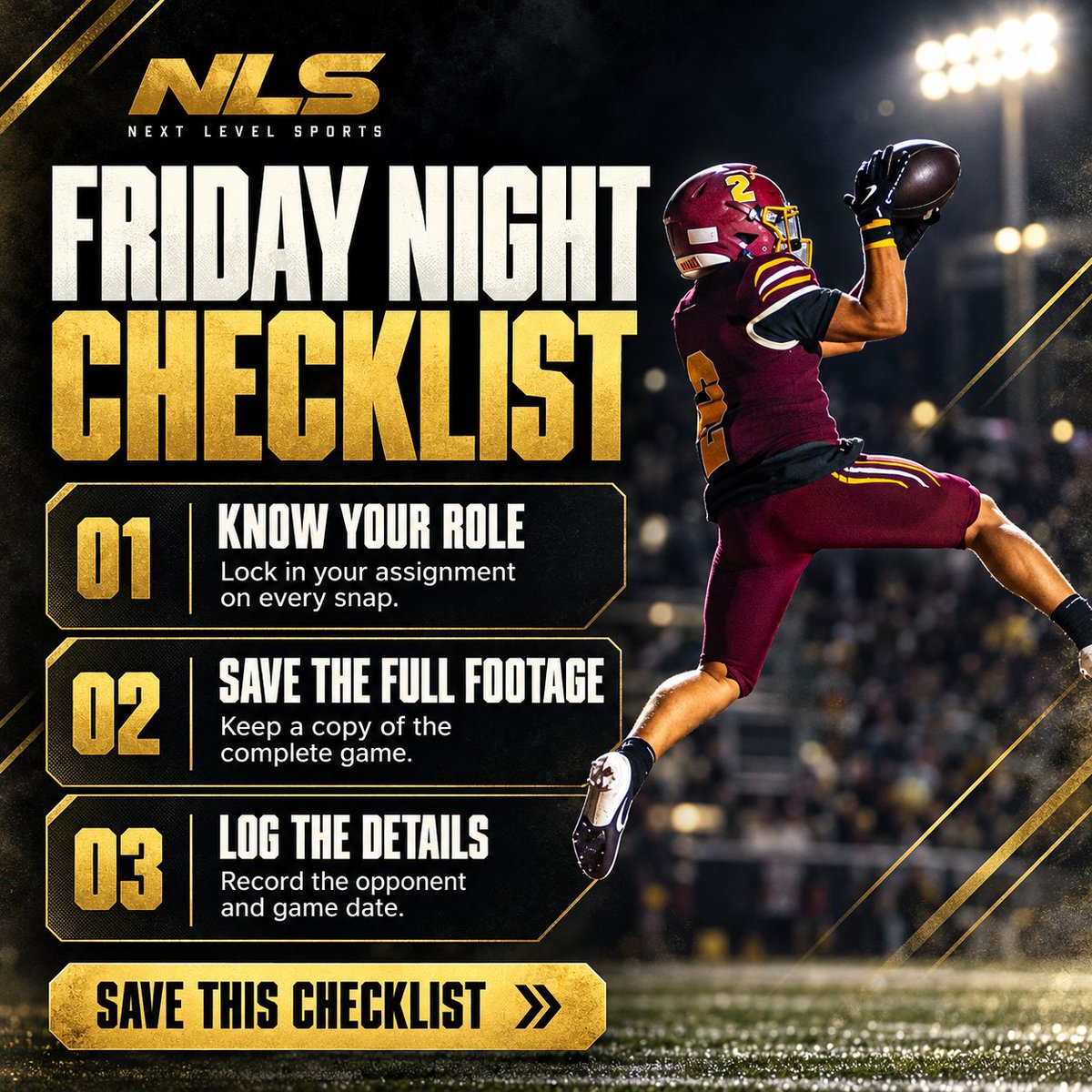 nlevelsports's tweet photo. Athletes and parents: three things before you leave Friday. Know your role on every snap, keep a copy of the complete game, and log the opponent plus date. That is what makes the film usable by Sunday. Save the checklist.
@mosesk225 @Uorangemen2 https://t.co/usEpSBUjJQ