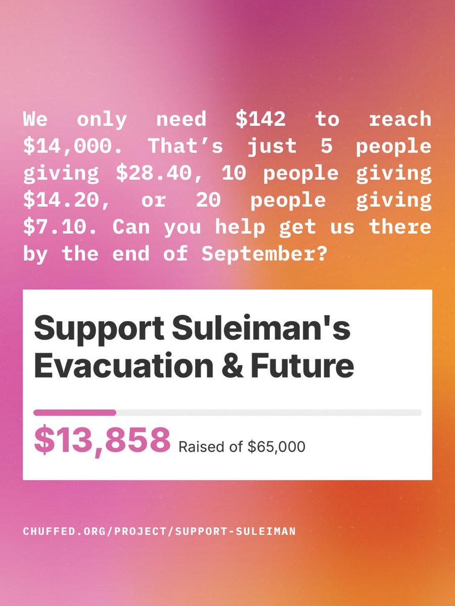 ros_ie9's tweet photo. We’re only $142 away from $14,000 for Suleiman, and the month is almost over.
 
That’s just:
5 people × $28.40
10 people × $14.20
20 people × $7.10 https://t.co/IeGBcEkQmG