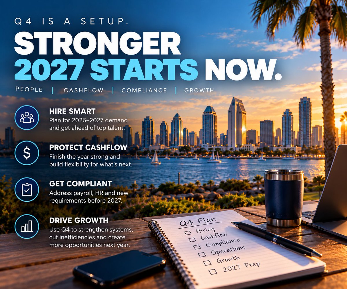 mypayrollguy's tweet photo. Q4 isnt just about finishing the year.

Its about setting up 2027.

👥 Hire smart — dont add payroll without a plan
💰 Protect cash flow — revenue isnt cash until it’s collected
📋 Get compliant — know what changes before January
📈 Drive growth — fix the systems slowing you down https://t.co/VkcRkxgYTc