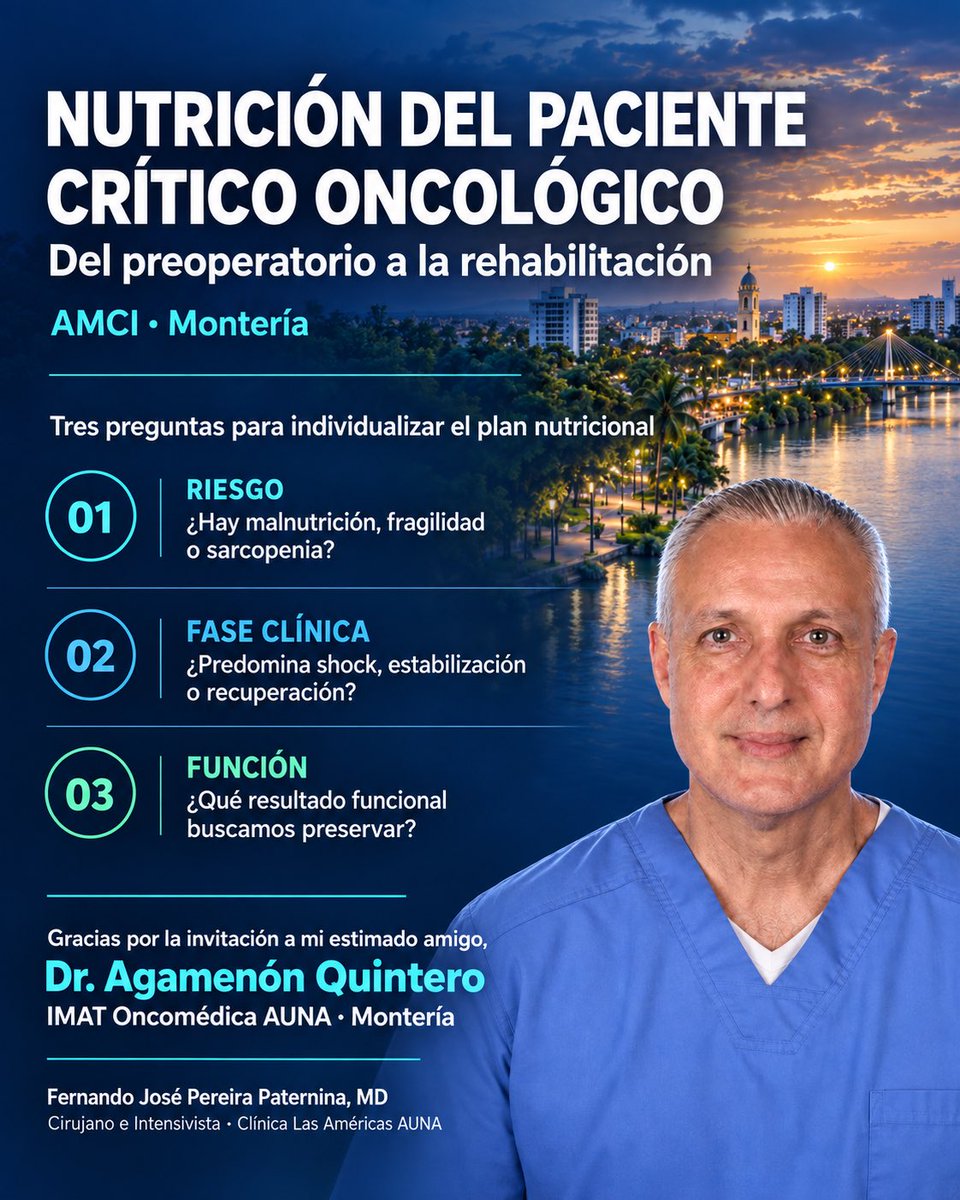 fpereirapa's tweet photo. Gracias AMCI y a mi estimado amigo, Dr Agamenón Quintero, de IMAT AUNA, por la invitación en Montería. Compartimos aprendizajes sobre nutrición del pte oncológico crítico: evaluar riesgo, reconocer fase clínica y preservar función. #AMCI #OncologíaCrítica @lasamericasauna https://t.co/cW7Seup16z