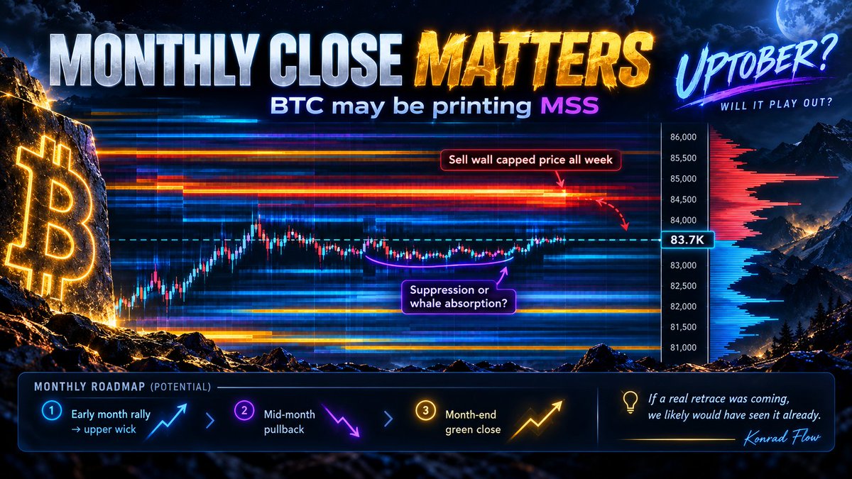 KonradFlow's tweet photo. Was that sell wall there to suppress the monthly close?

For the past week, BTC had a clear wall sitting in the order book, capping price and blocking further upside.

Now the big question:
was it there to keep the monthly candle from closing too high,
or were whales quietly absorbing BTC the whole time?

Because if a real retrace was coming, we probably should’ve seen it already — and it should’ve been much more aggressive.

My view:
early month pump → upper wick
mid-month pullback
month-end green close
bitcoin:native