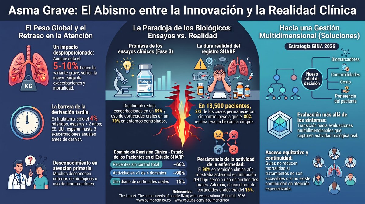 abrahamalimd's tweet photo. ¿Por qué el asma grave sigue sin control pese a los biológicos?

Editorial de The Lancet sobre SHARP (registro europeo, 13.500 pacientes con asma grave): con 80% en biológicos, cerca de dos tercios seguían sin control.

Casi 90% de quienes tenían datos de remisión mantenía actividad en ≥1 de 4 dominios (exacerbaciones, control, limitación al flujo aéreo, corticoide oral). 15% seguía con corticoide oral diario.

En Inglaterra, solo 4% de ~20.000 pacientes con asma fue remitido a especialista; la mayoría esperó >2 años.

El editorial plantea evaluación multidimensional, intervención temprana y acceso equitativo.

Lancet 2026;408:1061
https://t.co/EeBneaPfCa · https://t.co/FxPGTLTN1X
#AsmaGrave #Neumología #GINA