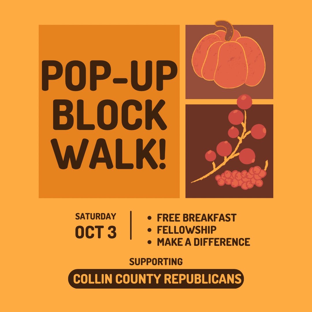 Hewitt4House's tweet photo. Join us this Saturday, October 3rd for a POP-UP BLOCK WALK supporting Collin County Republican candidates! Come enjoy FREE breakfast tacos, fellowship with other patriotic Texans, and make a difference in the November election.

•Breakfast at 9 am
•Block walk at 10 am

Text 972-583-6644 or DM for details!

All Collin County Republican candidates on the ballot this November welcome! 🇺🇸🇺🇸

#collincounty #planotx #allentx #midterms #election